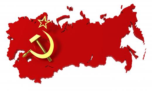 A map of the Soviet Union, with the star, sickle, and hammer that appeared on its flag.